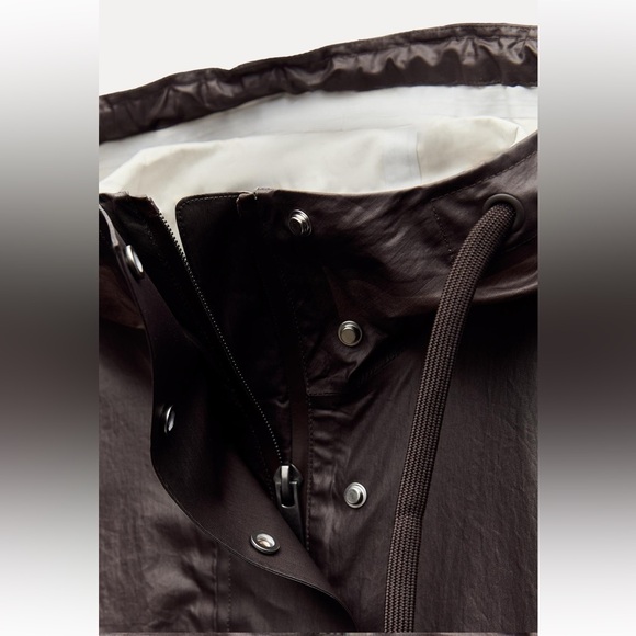 Zara Long Brown Burgundy Light Jacket High collar Drawstring Hood size XS-S NWT - Picture 9 of 16